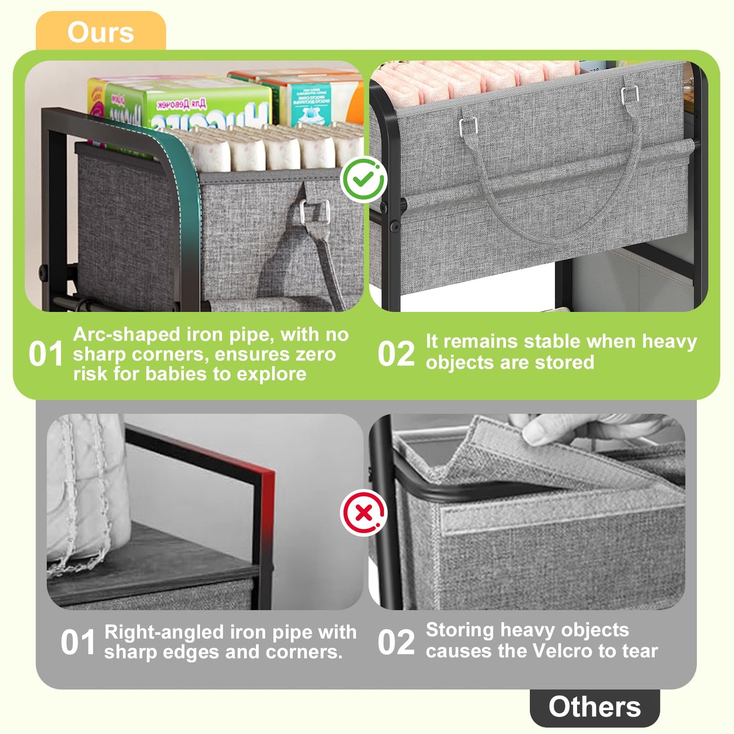 Cidaziya 2In1 Baby Diaper Caddy Organizers and Storage, 3 Tier Rolling Cart with Dividers and Drawers, Mobile Utility Cart Baby Dresser Clothes Organizer for Changing Table, Crib Nursery, Bedroom