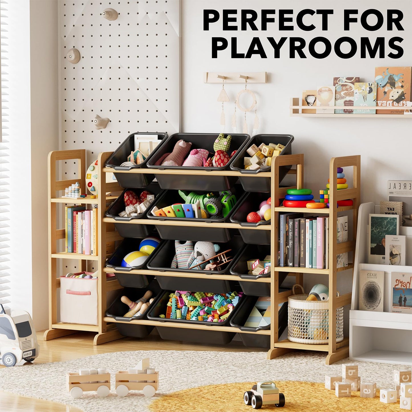 SpaceAid Toy Storage Organizer with 6 Shelves and 12 Bins, Bookshelf/Bookcase, Kids Bin Shelf, Toys Box for Playroom Organization for Bedroom & Room Decor, White, 52.3" W