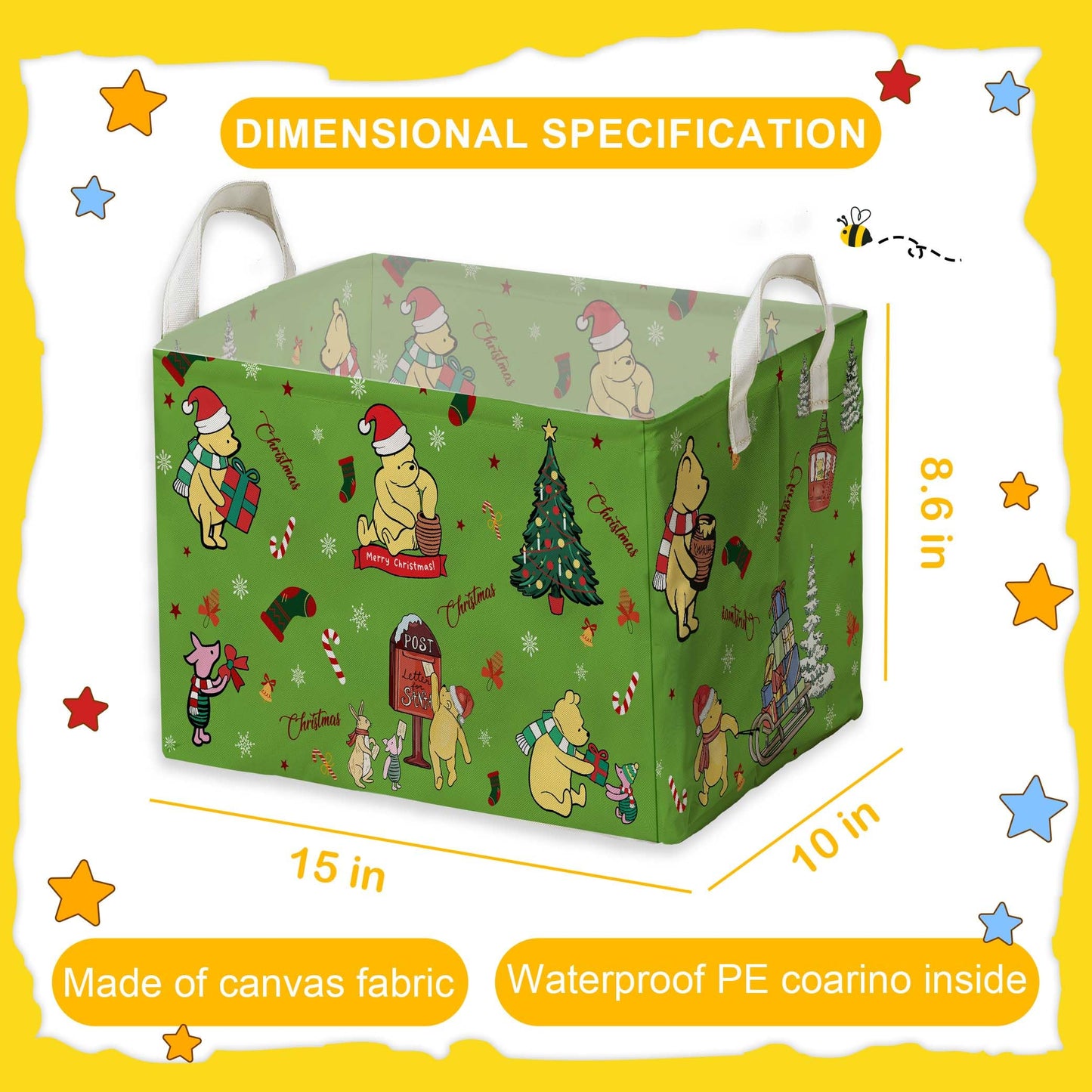 Winnie Nursery Decor, the Pooh Baby Stuff, Winnie Storage Nursery Basket, Large squarecanvas Laundry Hamper With A Waterproof PECoating, Foldable, Toys Bin, Baby Nursery HamperDecor, Star