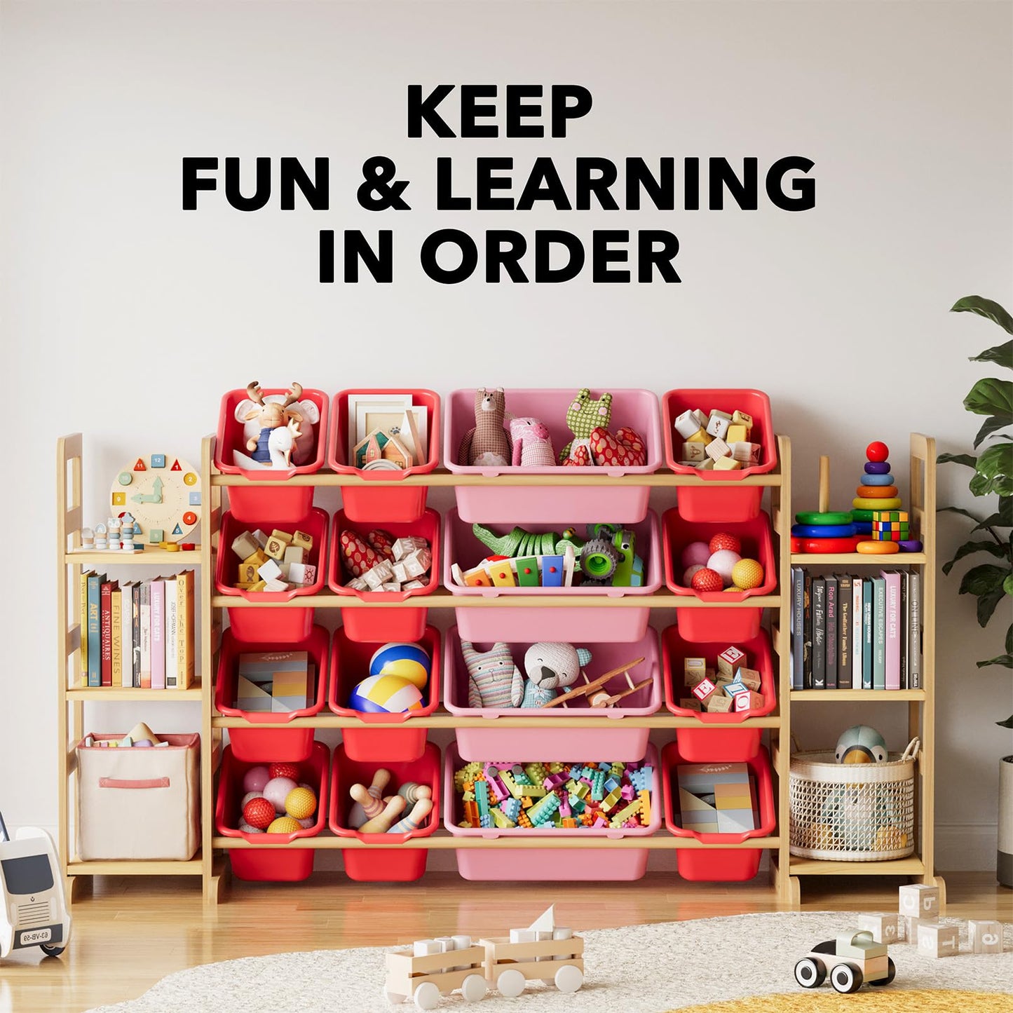 SpaceAid Toy Storage Organizer with 6 Shelves and 12 Bins, Bookshelf/Bookcase, Kids Bin Shelf, Toys Box for Playroom Organization for Bedroom & Room Decor, White, 52.3" W