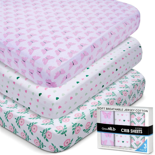 GROW WILD Unicorns & Rainbows Fitted Crib Sheets Girl (3 Pack) - Soft Jersey Cotton Fitted Sheet, Toddler Bed Mattress & Baby Crib Bedding Set for Girls, Baby Girl Nursery Crib - Pink, Purple & White