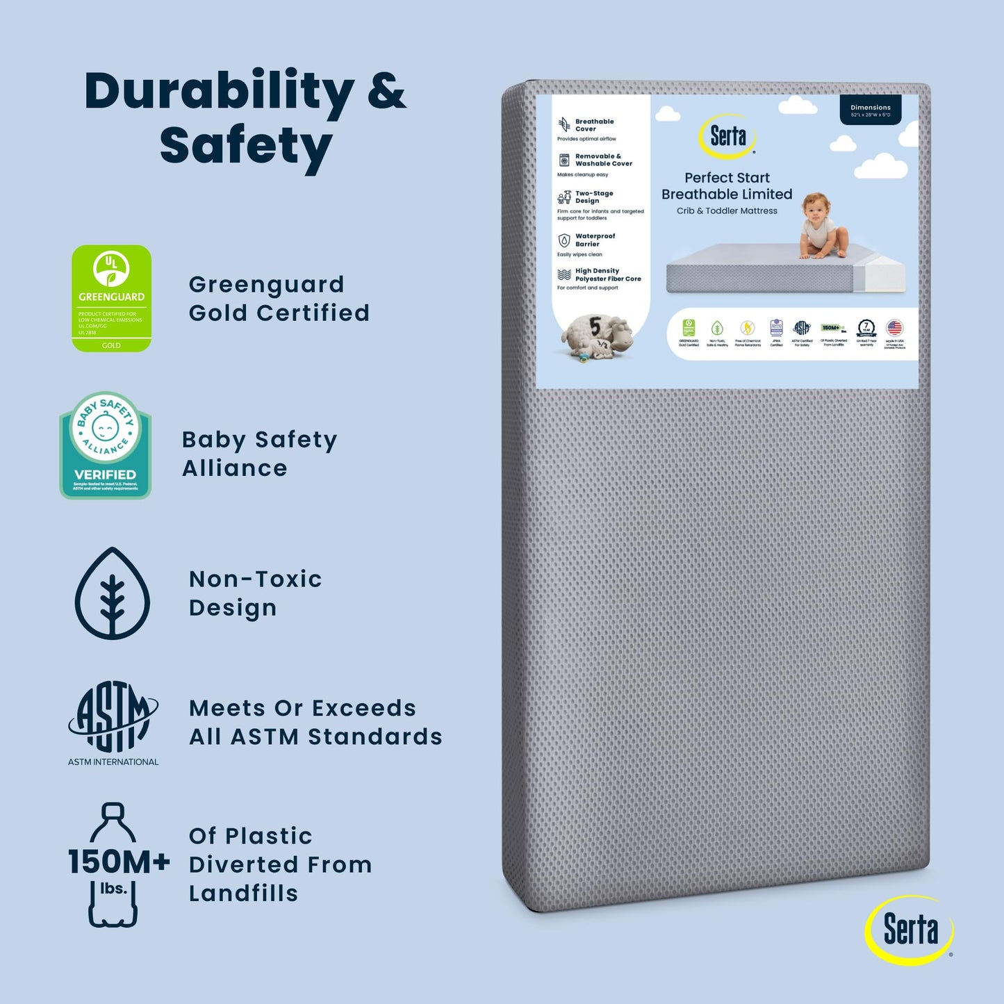 Serta Perfect Start Limited Dual Sided Baby Crib Mattress and Toddler Mattress, Breathable Fiber Core, GREENGUARD Gold Certified, Waterproof, 7 Year Warranty, Made in USA