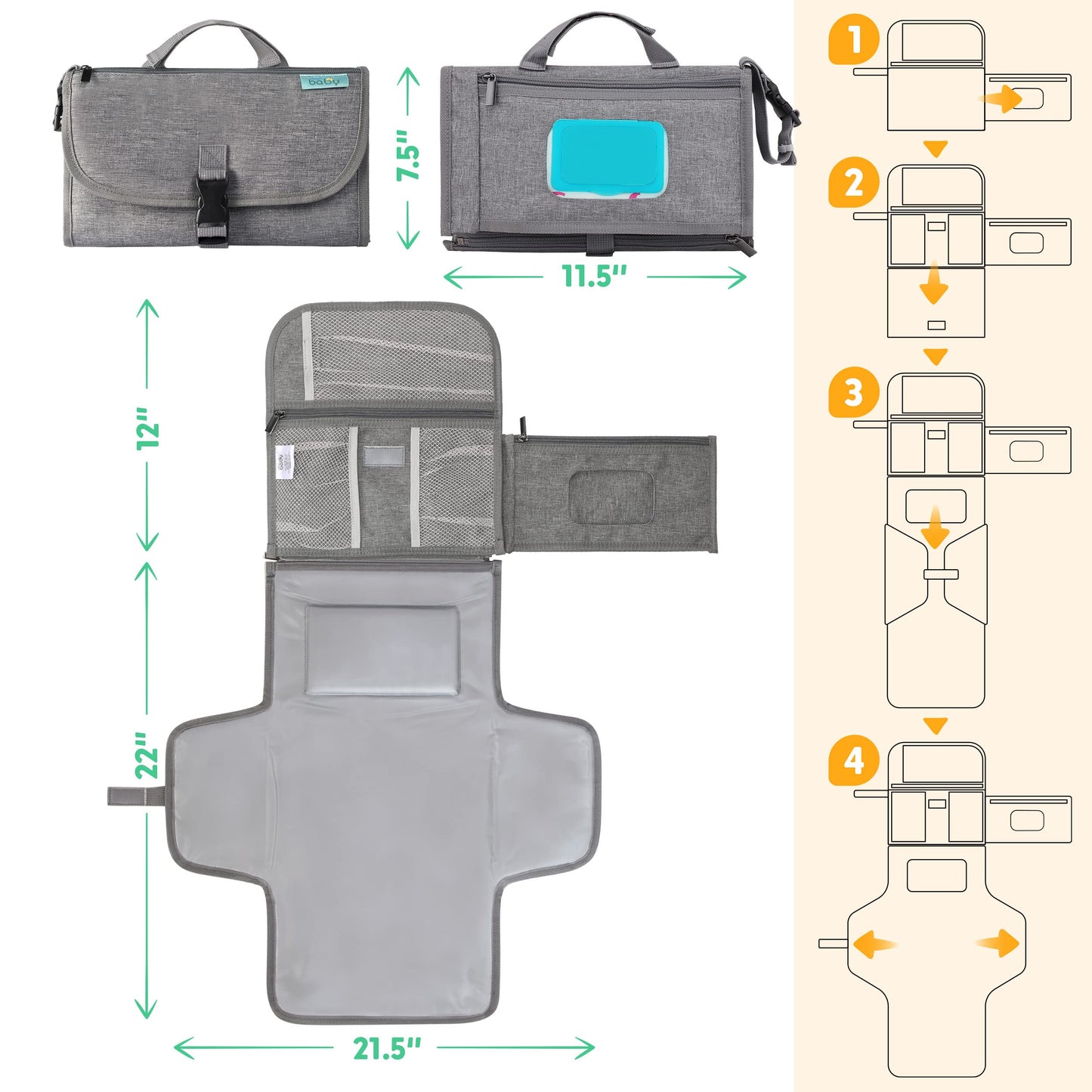 Kopi Baby Portable Diaper Changing Pad - Baby Diaper Changer Travel Bag with Wipes Pocket, Smart Design Portable Changing Mat, Infant Travel Station Kit, Gift for Newborn Girl & Boy - Grey, Classic