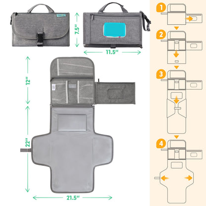 Kopi Baby Portable Diaper Changing Pad - Baby Diaper Changer Travel Bag with Wipes Pocket, Smart Design Portable Changing Mat, Infant Travel Station Kit, Gift for Newborn Girl & Boy - Grey, Classic