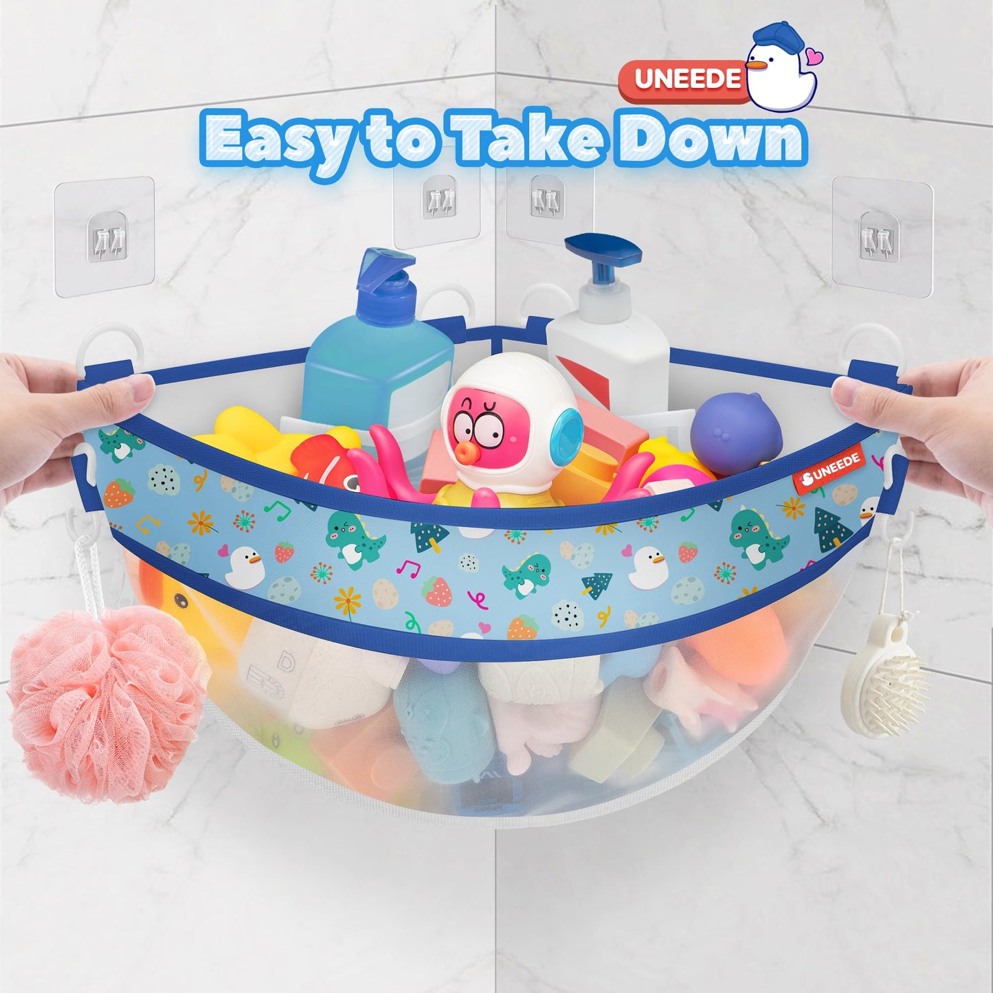 UNEEDE 4.32 Gallons Corner Mounted Bath Toy Storage Holder, Mesh Shower Caddy for Bathtub Organizer, Quick Dry Holder