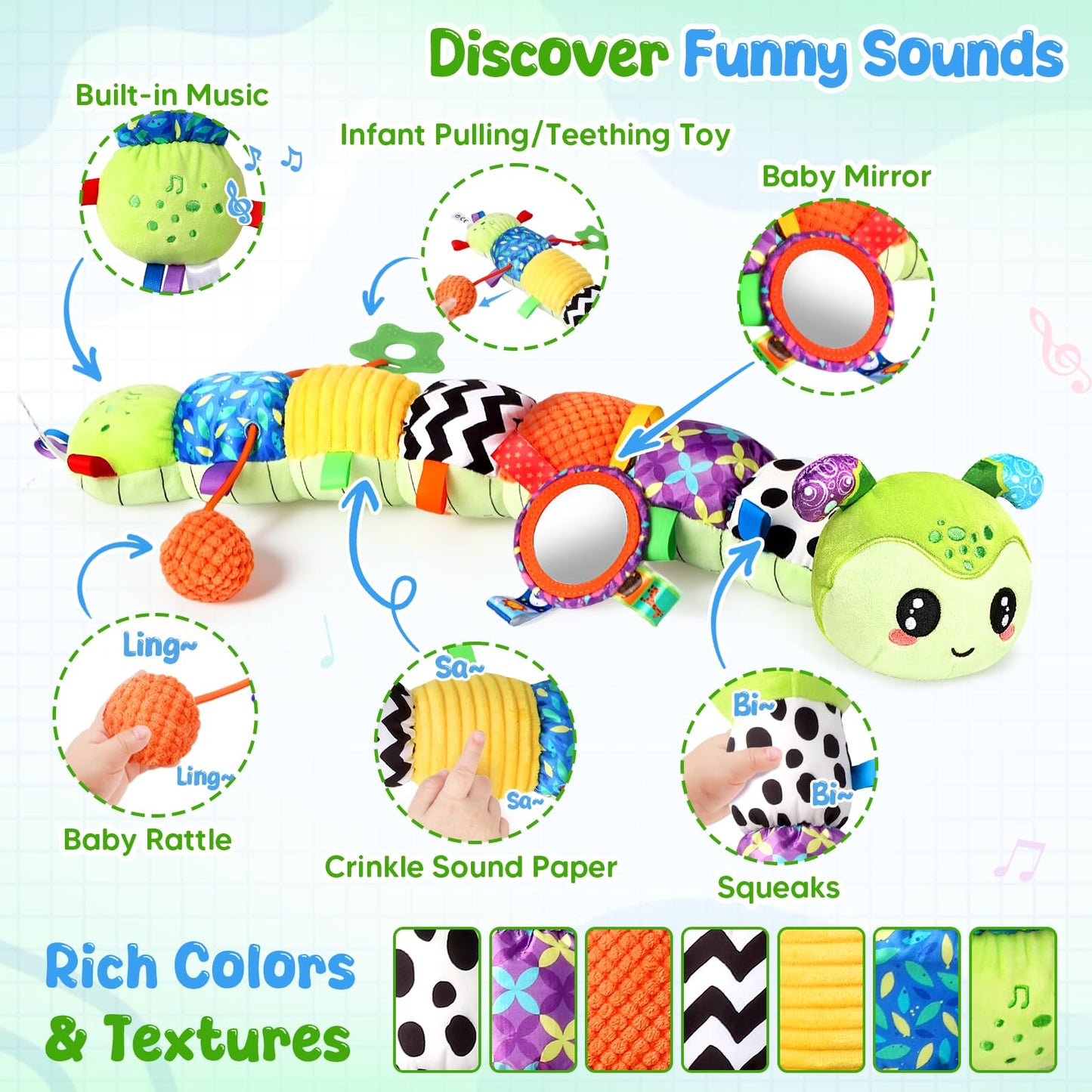 Baby Sensory Toys for 0-6 6-12 Months, Musical Stuffed Caterpillar Animal Toys for Infant 3 6 9 12 18 Months, Tummy Time Toys with Mirror Rattle Crinkle for Newborn Boys Girls Shower Gifts