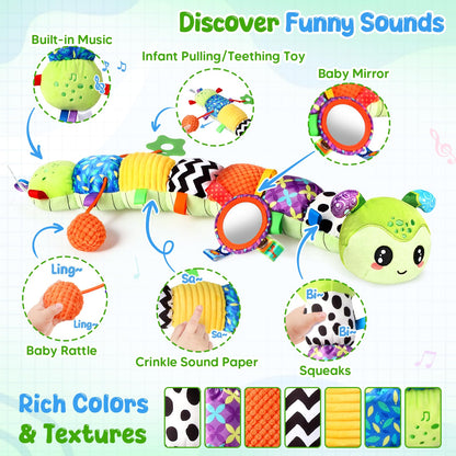 Baby Sensory Toys for 0-6 6-12 Months, Musical Stuffed Caterpillar Animal Toys for Infant 3 6 9 12 18 Months, Tummy Time Toys with Mirror Rattle Crinkle for Newborn Boys Girls Shower Gifts