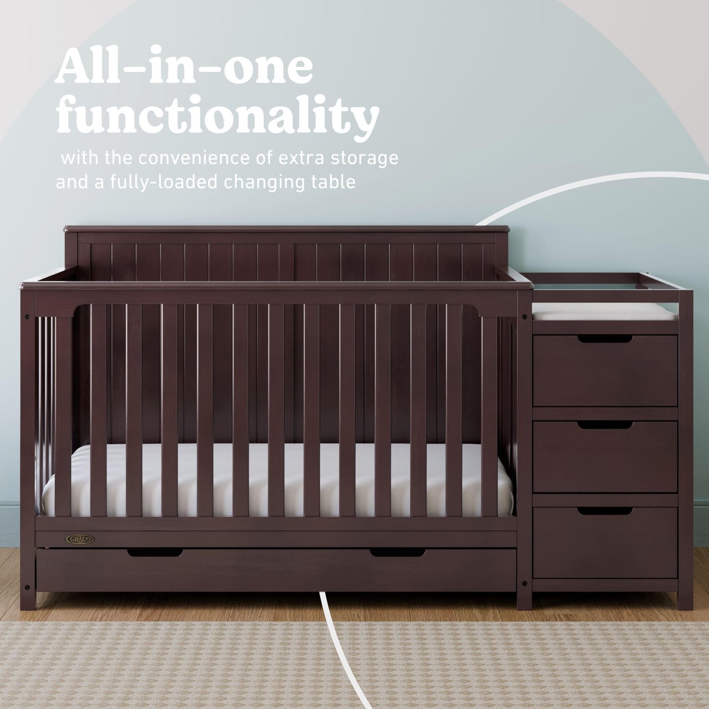 Graco Hadley 5-in-1 Convertible Crib & Changer – GREENGUARD Gold Certified, Fits Standard Crib Mattress, Converts to Toddler Bed and Full Bed, 4 Adjustable Mattress Heights (Pebble Gray)