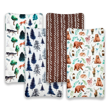 4 Pack Changing Pad Covers Woodland Forest Animals Wood Neutral Unisex Fitted Baby Changing Pad Cover Set for Baby Boys or Girls