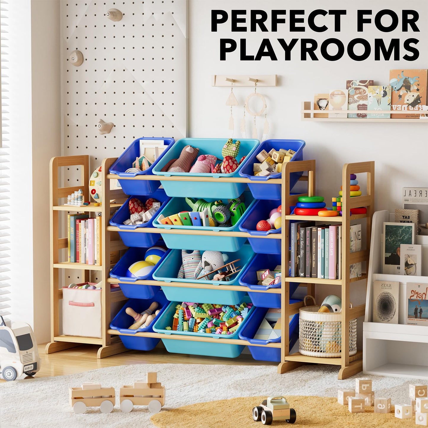 SpaceAid Toy Storage Organizer with 6 Shelves and 12 Bins, Bookshelf/Bookcase, Kids Bin Shelf, Toys Box for Playroom Organization for Bedroom & Room Decor, White, 52.3" W