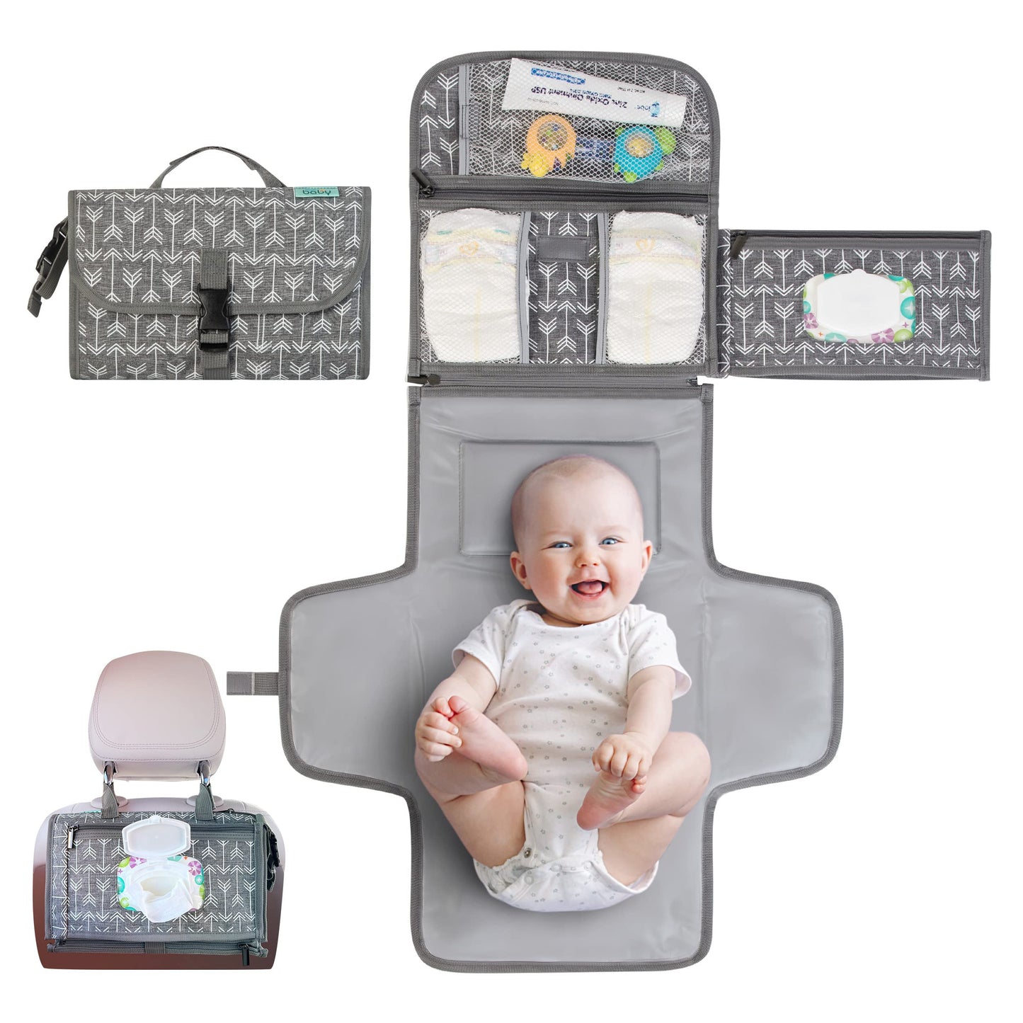 Kopi Baby Portable Diaper Changing Pad - Baby Diaper Changer Travel Bag with Wipes Pocket, Smart Design Portable Changing Mat, Infant Travel Station Kit, Gift for Newborn Girl & Boy - Grey, Classic