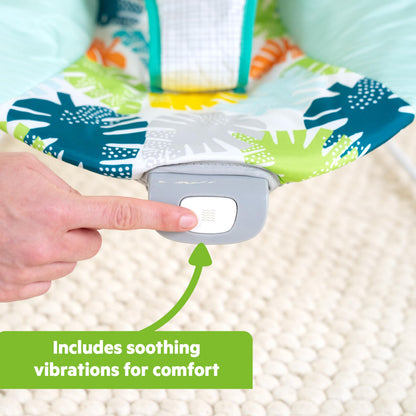Bright Starts Baby Bouncer Soothing Vibrations Infant Seat - Removable -Toy Bar, Nonslip Feet, 0-6 Months Up to 20 lbs (Safari Fun)