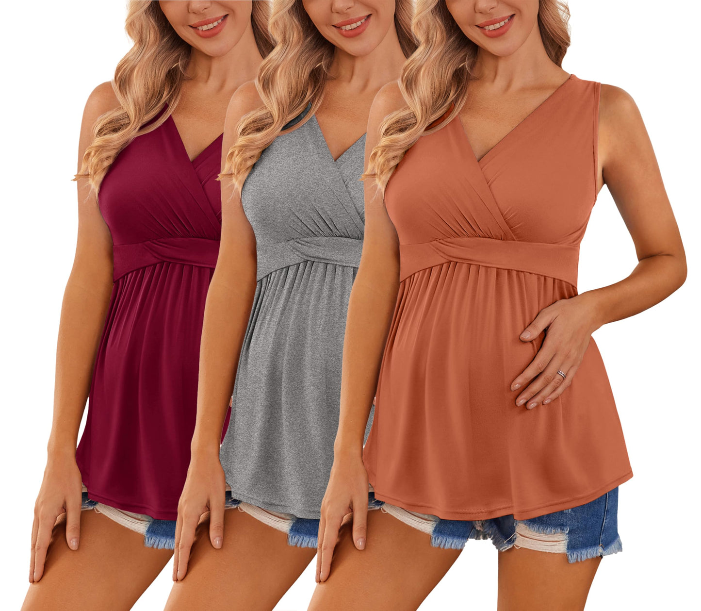 Ekouaer Women's Maternity Tank Tops 3 Packs Sleeveless Nursing Tops V Neck Breastfeeding Shirts Pregnancy Clothes