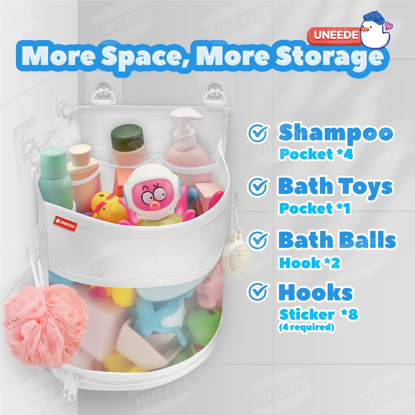 UNEEDE 4.32 Gallons Corner Mounted Bath Toy Storage Holder, Mesh Shower Caddy for Bathtub Organizer, Quick Dry Holder