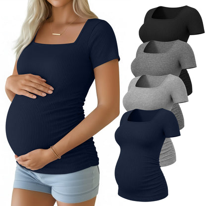 Huukeay 4 Pack Women's Maternity Shirts Cotton Ribbed Short Sleeve Square Neck Pregnancy Tops Side Ruched Summer Tee