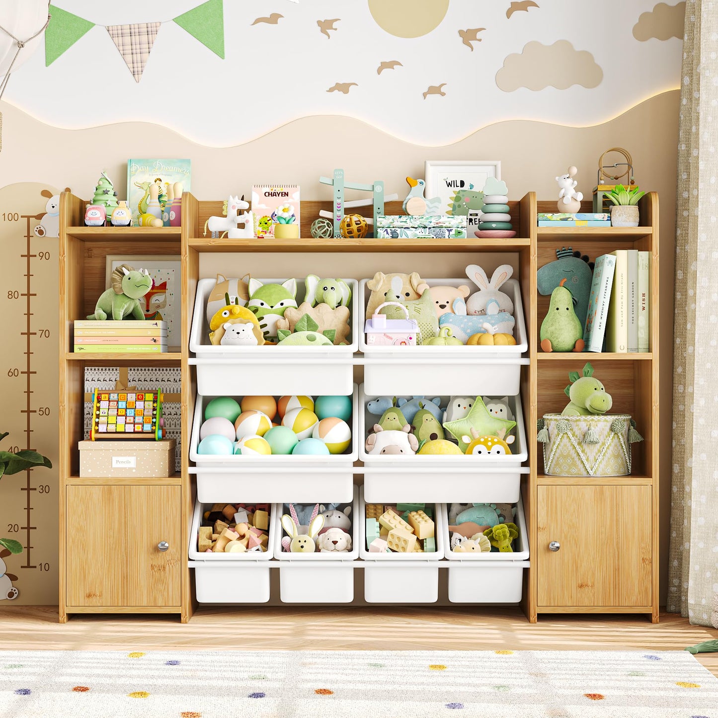 FOTOSOK Toy Storage Organizer with 8 Toy Bins, 55''Large Toy Organizers and Storage with Top Shelf, Toy Storage and Kids Bookshelf with 6 Storage Cubbies, Playroom Storage and Organization Bins, White