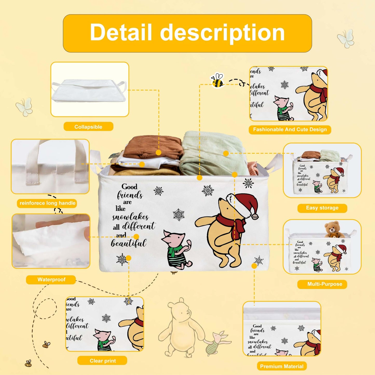 Winnie Nursery Decor, the Pooh Baby Stuff, Winnie Storage Nursery Basket, Large squarecanvas Laundry Hamper With A Waterproof PECoating, Foldable, Toys Bin, Baby Nursery HamperDecor, Star