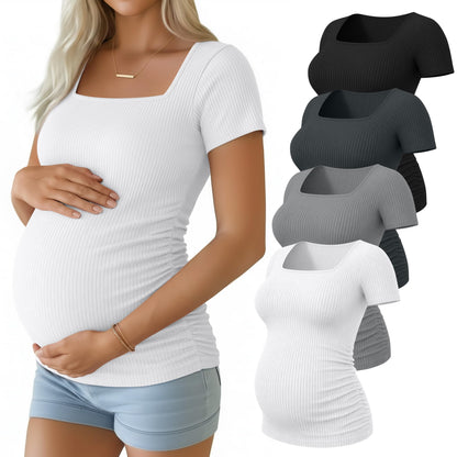 Huukeay 4 Pack Women's Maternity Shirts Cotton Ribbed Short Sleeve Square Neck Pregnancy Tops Side Ruched Summer Tee
