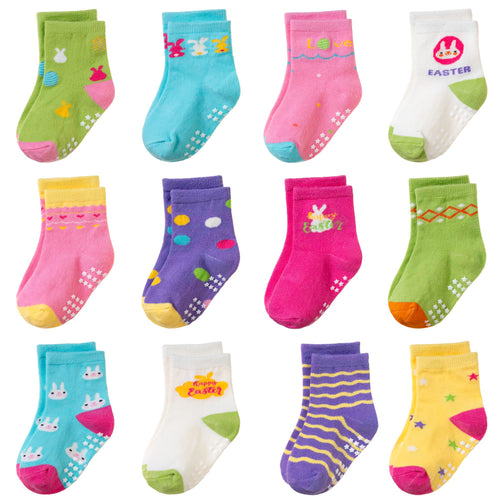 Toddler Non Slip Grips Socks Kids Anti Skid Baby Boys Girls Cotton Crew Socks 12 Pairs