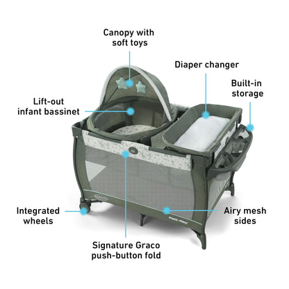 Graco® Pack n Play Dome LX Playard with Baby Bassinet Lightweight Portable Crib Push-Button Fold Travel Crib Redmond Convertible