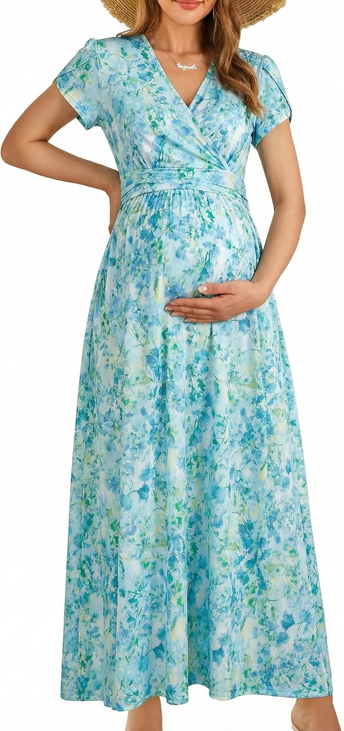 OUGES Maternity Maxi Dress Wrap Baby Shower Pregnancy Dresses for Photoshoot Maternity Outfits Summer Clothes 2026