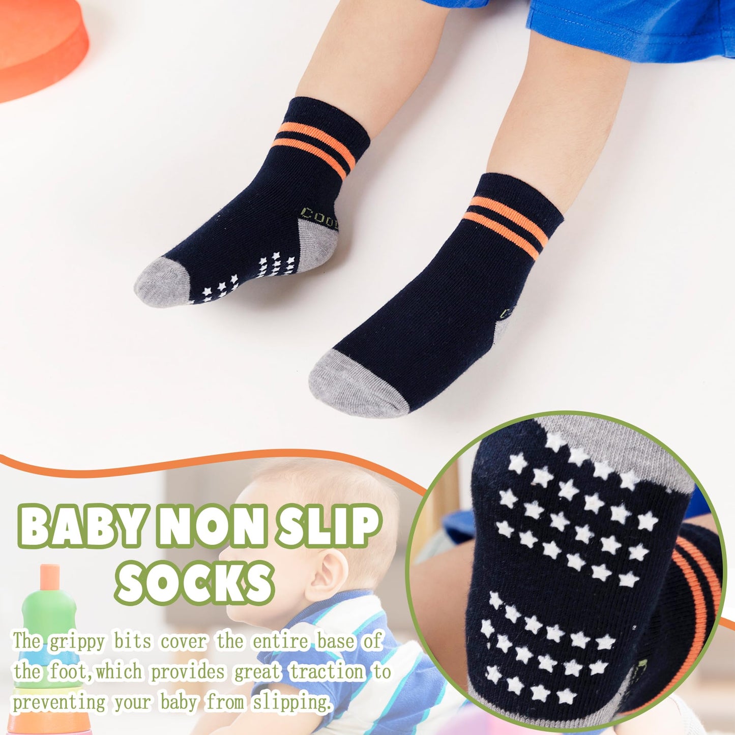 Toddler Non Slip Grips Socks Kids Anti Skid Baby Boys Girls Cotton Crew Socks 12 Pairs