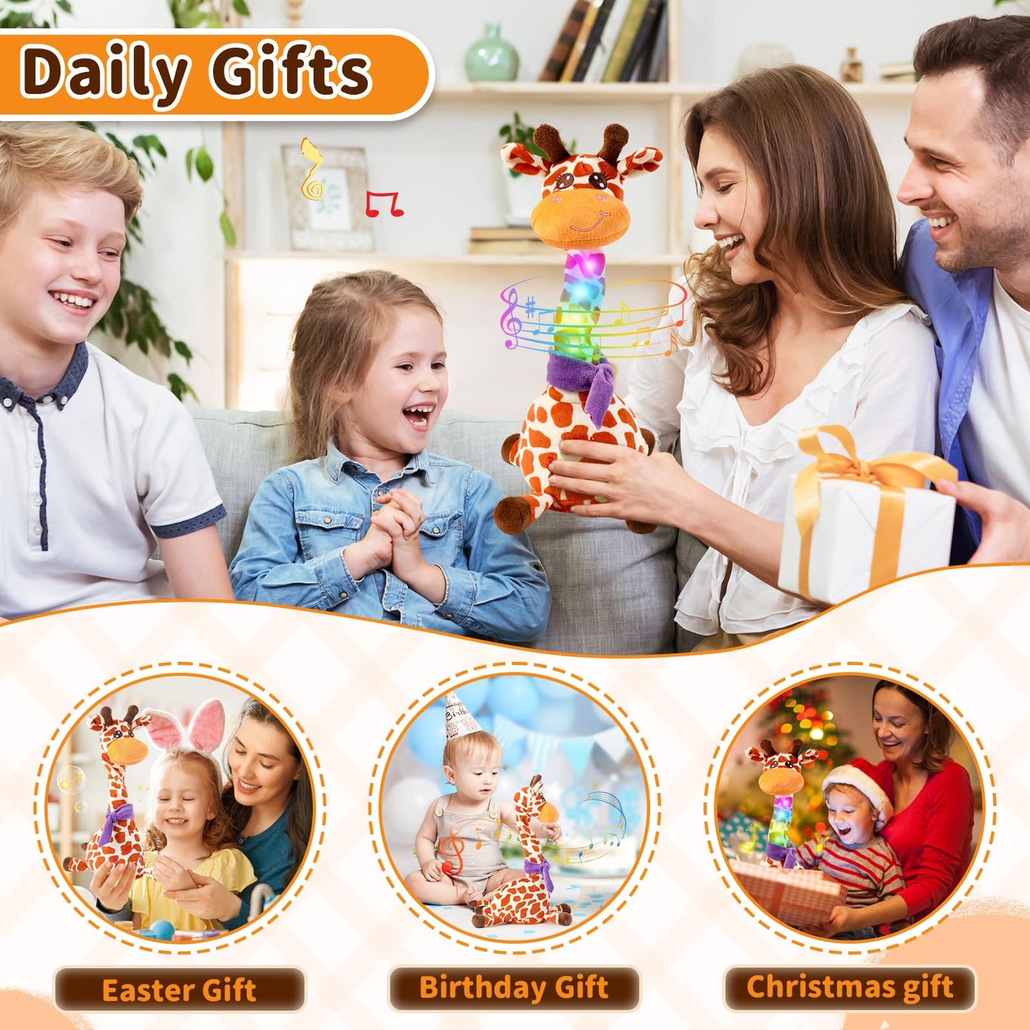 Emoin Dancing Talking Giraffe Baby Toy, Adjustable Volume Baby Giraffe Toys Singing 10 Children's Songs Singing Mimicking Recording Repeating What You Say for Toddlers
