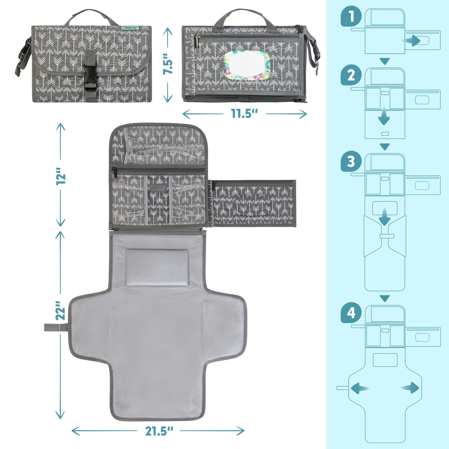 Kopi Baby Portable Diaper Changing Pad - Baby Diaper Changer Travel Bag with Wipes Pocket, Smart Design Portable Changing Mat, Infant Travel Station Kit, Gift for Newborn Girl & Boy - Grey, Classic