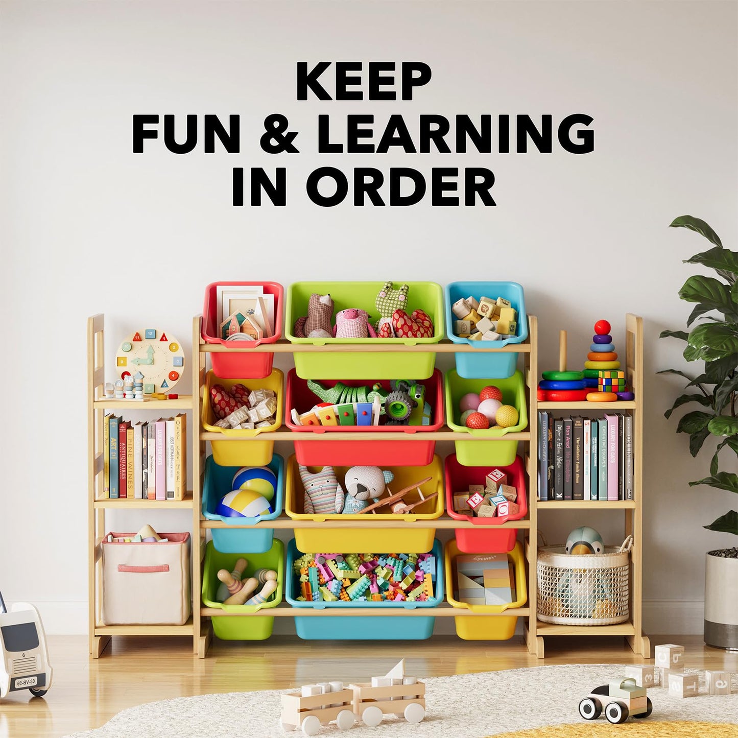 SpaceAid Toy Storage Organizer with 6 Shelves and 12 Bins, Bookshelf/Bookcase, Kids Bin Shelf, Toys Box for Playroom Organization for Bedroom & Room Decor, White, 52.3" W