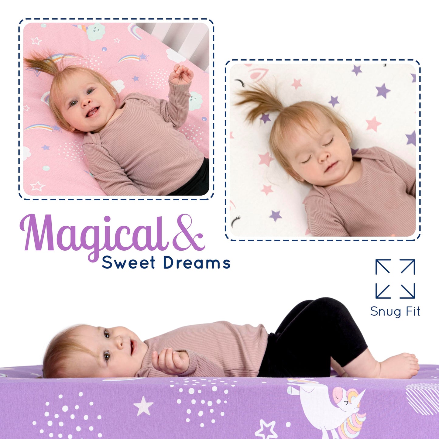 GROW WILD Unicorns & Rainbows Fitted Crib Sheets Girl (3 Pack) - Soft Jersey Cotton Fitted Sheet, Toddler Bed Mattress & Baby Crib Bedding Set for Girls, Baby Girl Nursery Crib - Pink, Purple & White