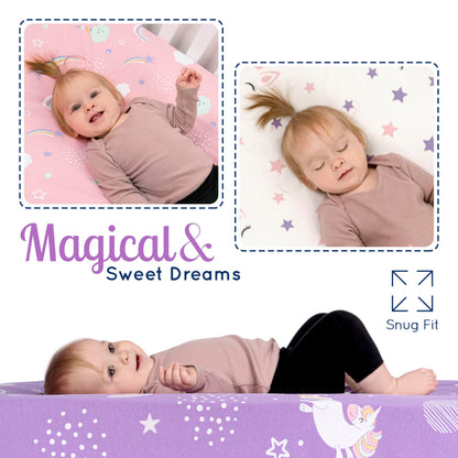 GROW WILD Unicorns & Rainbows Fitted Crib Sheets Girl (3 Pack) - Soft Jersey Cotton Fitted Sheet, Toddler Bed Mattress & Baby Crib Bedding Set for Girls, Baby Girl Nursery Crib - Pink, Purple & White