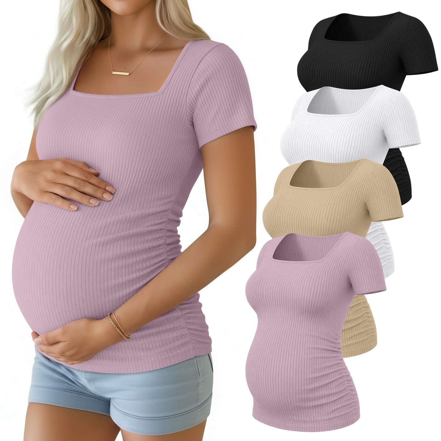 Huukeay 4 Pack Women's Maternity Shirts Cotton Ribbed Short Sleeve Square Neck Pregnancy Tops Side Ruched Summer Tee