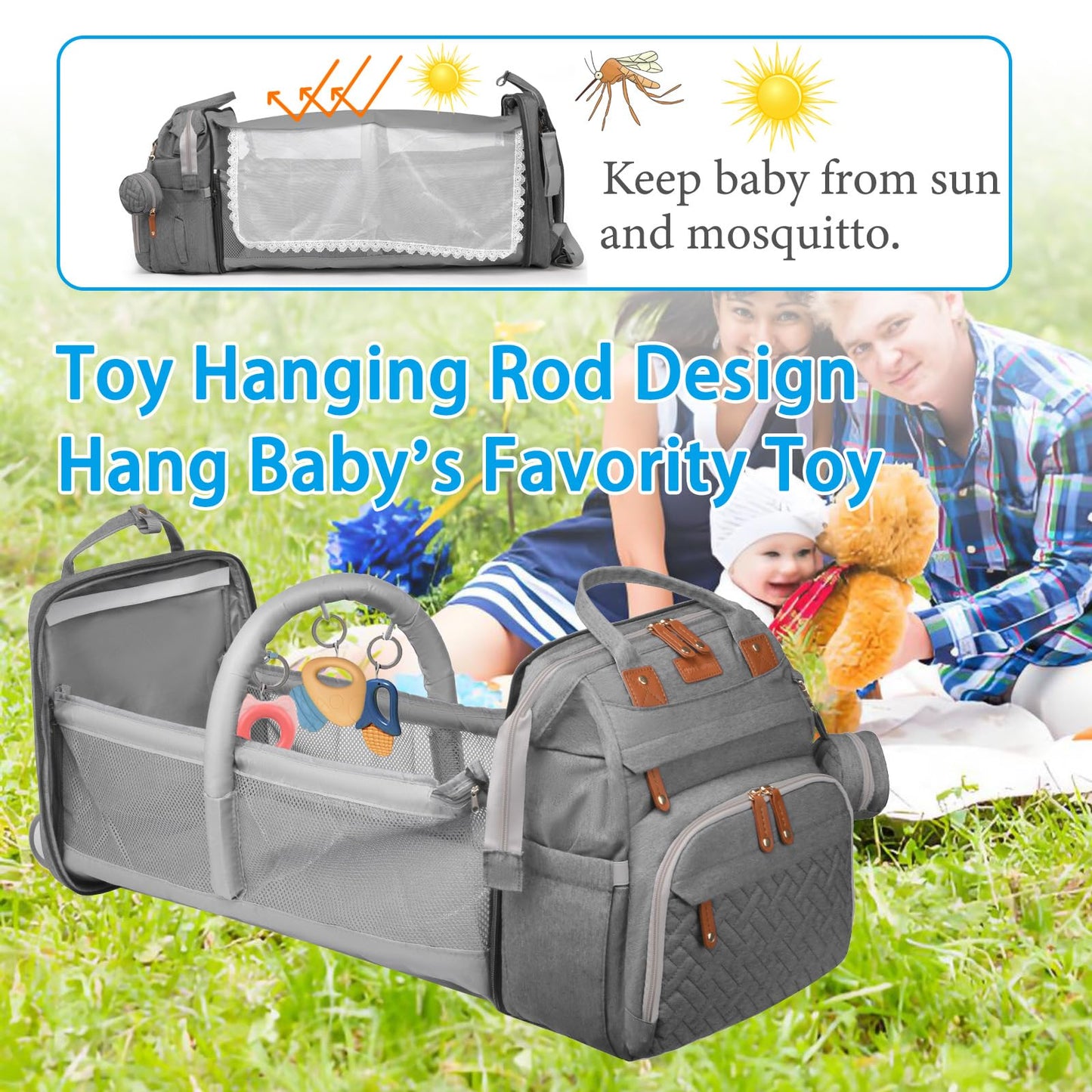 Jeryswet Baby Diaper Bags with Changing Station, Waterproof Large Capacity Diaper Bag Backpack for Moms Dads with USB Charging Port and Stroller Straps, Baby Shower Gifts, Grey