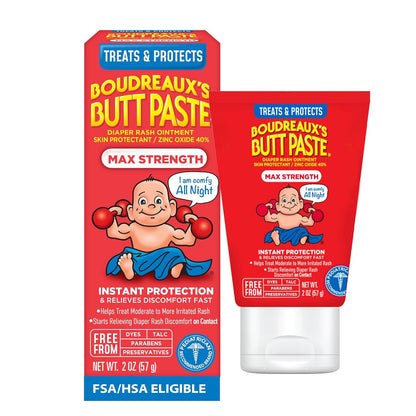 Boudreaux’s Butt Paste Max Strength Diaper Rash Cream for Baby, Ointment With Zinc Oxide, 2 oz Tube