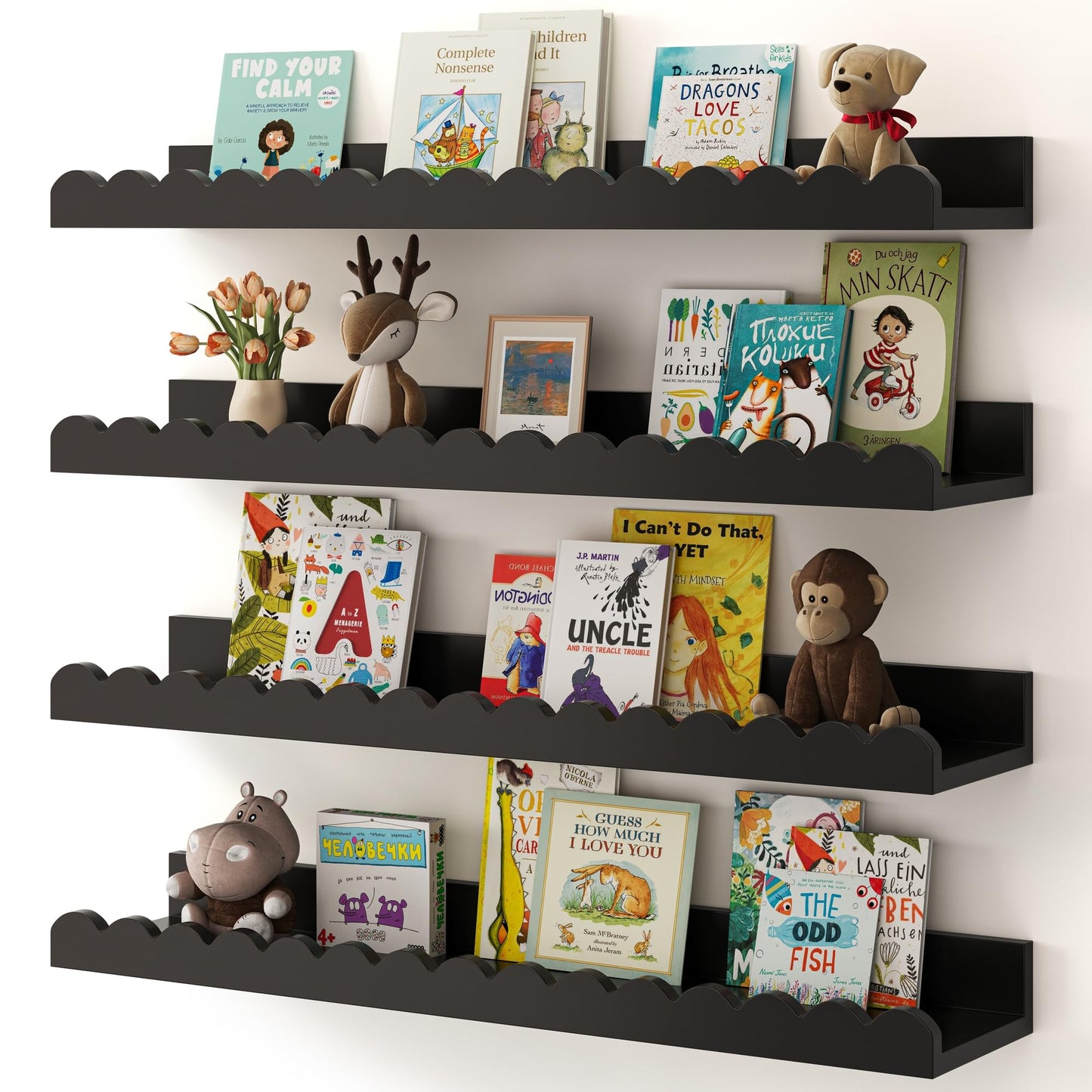 Shario Nursery Book Shelves, 4-Pack White Floating Shelves for Wall Kids, Scalloped Shelves, Wall Book Shelves for Bedroom Kids, Toddler Room, Baby Room, Nursery Decor