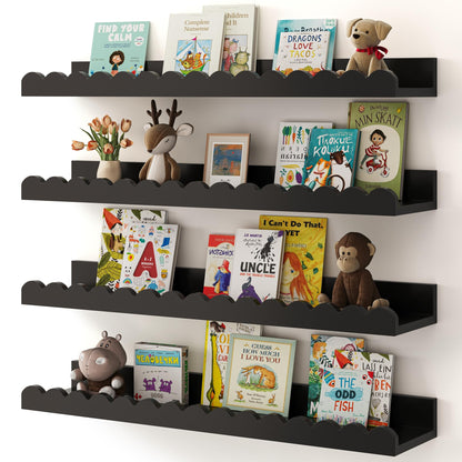 Shario Nursery Book Shelves, 4-Pack White Floating Shelves for Wall Kids, Scalloped Shelves, Wall Book Shelves for Bedroom Kids, Toddler Room, Baby Room, Nursery Decor