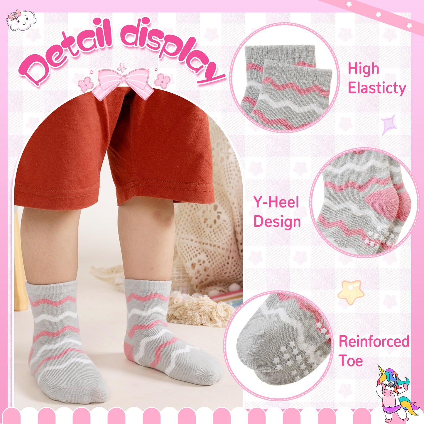 Toddler Non Slip Grips Socks Kids Anti Skid Baby Boys Girls Cotton Crew Socks 12 Pairs