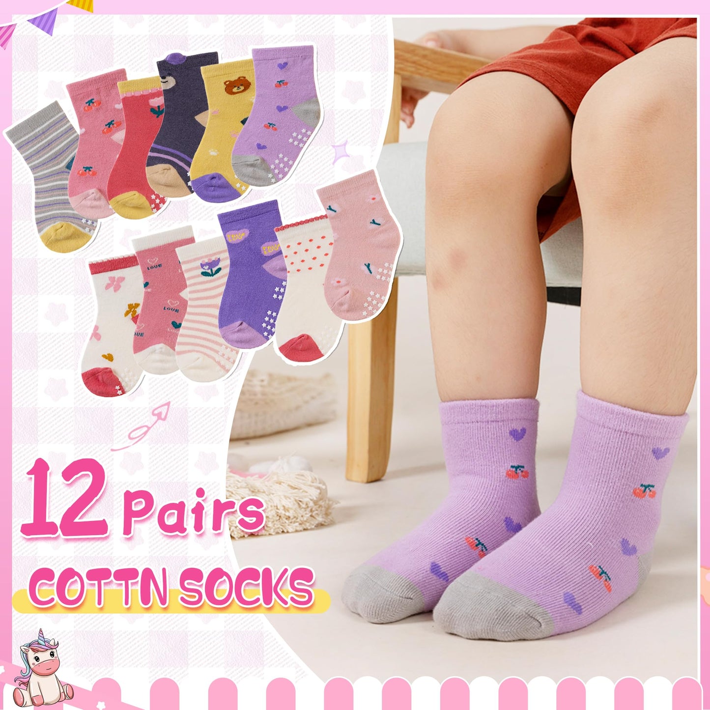Toddler Non Slip Grips Socks Kids Anti Skid Baby Boys Girls Cotton Crew Socks 12 Pairs