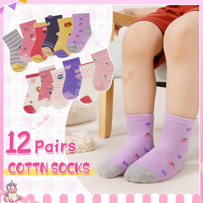 Toddler Non Slip Grips Socks Kids Anti Skid Baby Boys Girls Cotton Crew Socks 12 Pairs