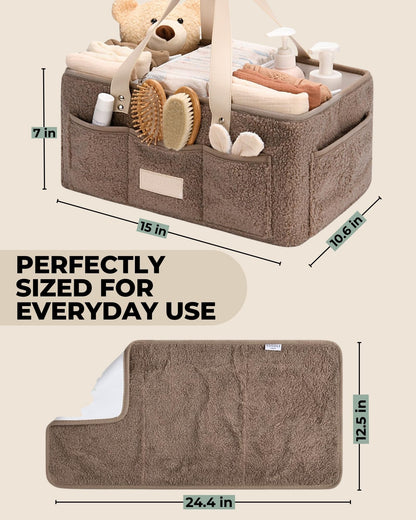 Baby Diaper Caddy Organizer with Portable Changing Mat - Teddy Fleece Diaper Organizer for Changing Table - Basket for Changing Essentials - Baby Essentials Organizer with Removable Dividers