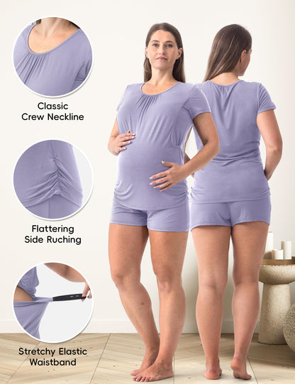 SUNNYBUY Womens Maternity Nursing Pajamas Set, Short Sleeve Breastfeeding Shirts，Pregnancy Shorts & Pants 3 Piece Nursing PJS