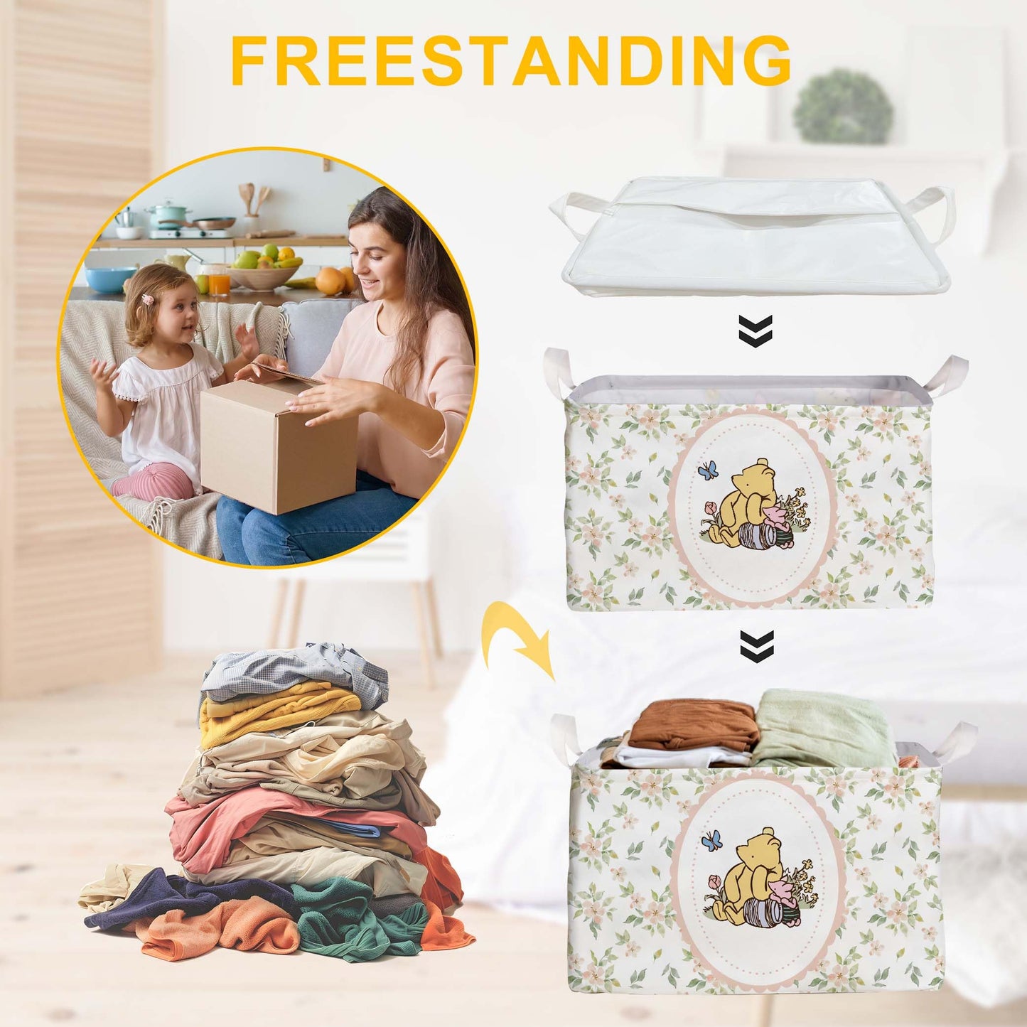 Winnie Nursery Decor, the Pooh Baby Stuff, Winnie Storage Nursery Basket, Large squarecanvas Laundry Hamper With A Waterproof PECoating, Foldable, Toys Bin, Baby Nursery HamperDecor, Star