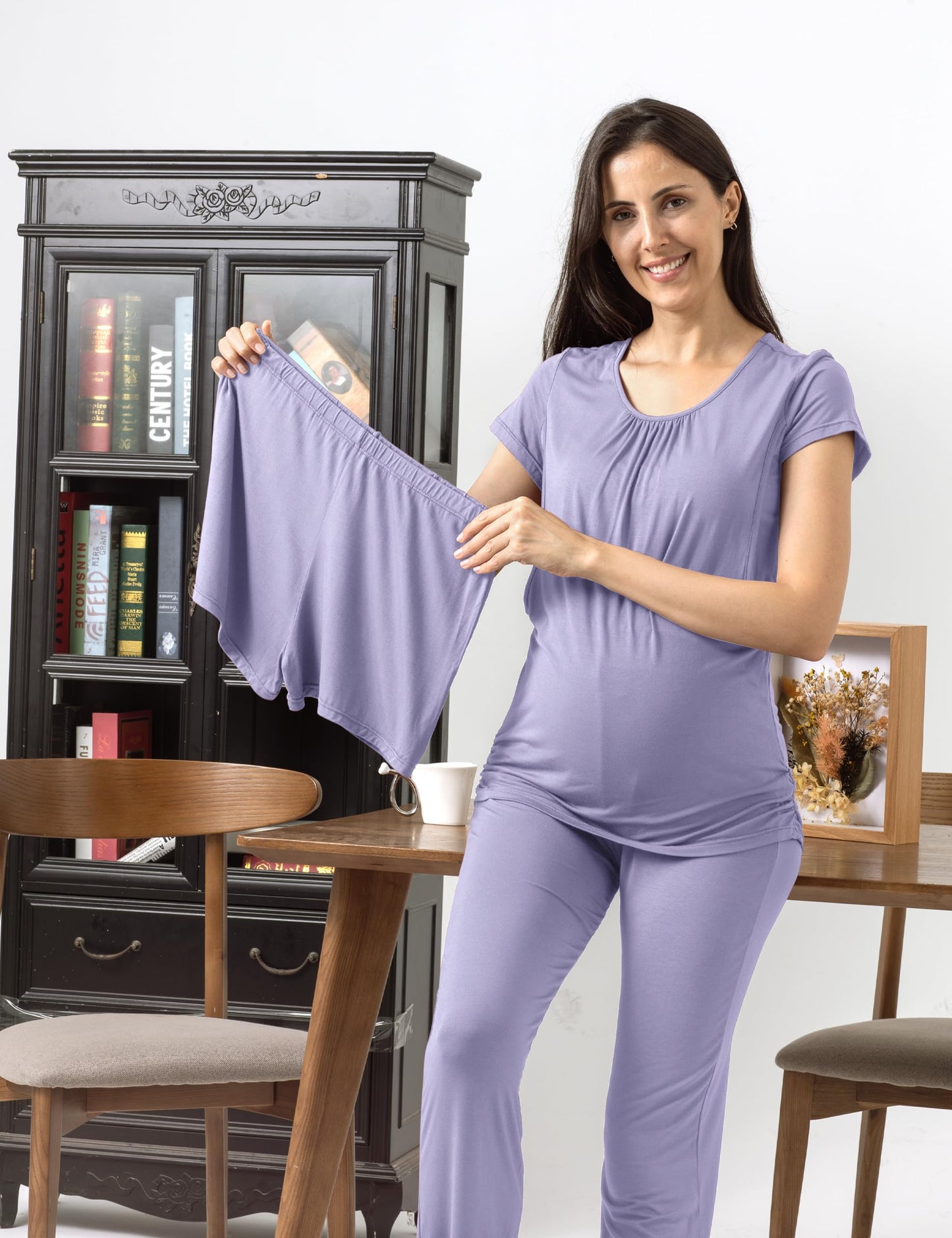 SUNNYBUY Womens Maternity Nursing Pajamas Set, Short Sleeve Breastfeeding Shirts，Pregnancy Shorts & Pants 3 Piece Nursing PJS