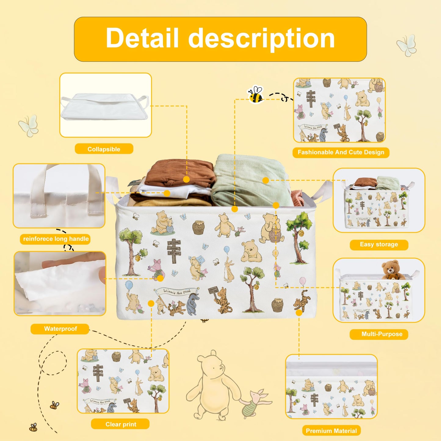 Winnie Nursery Decor, the Pooh Baby Stuff, Winnie Storage Nursery Basket, Large squarecanvas Laundry Hamper With A Waterproof PECoating, Foldable, Toys Bin, Baby Nursery HamperDecor, Star