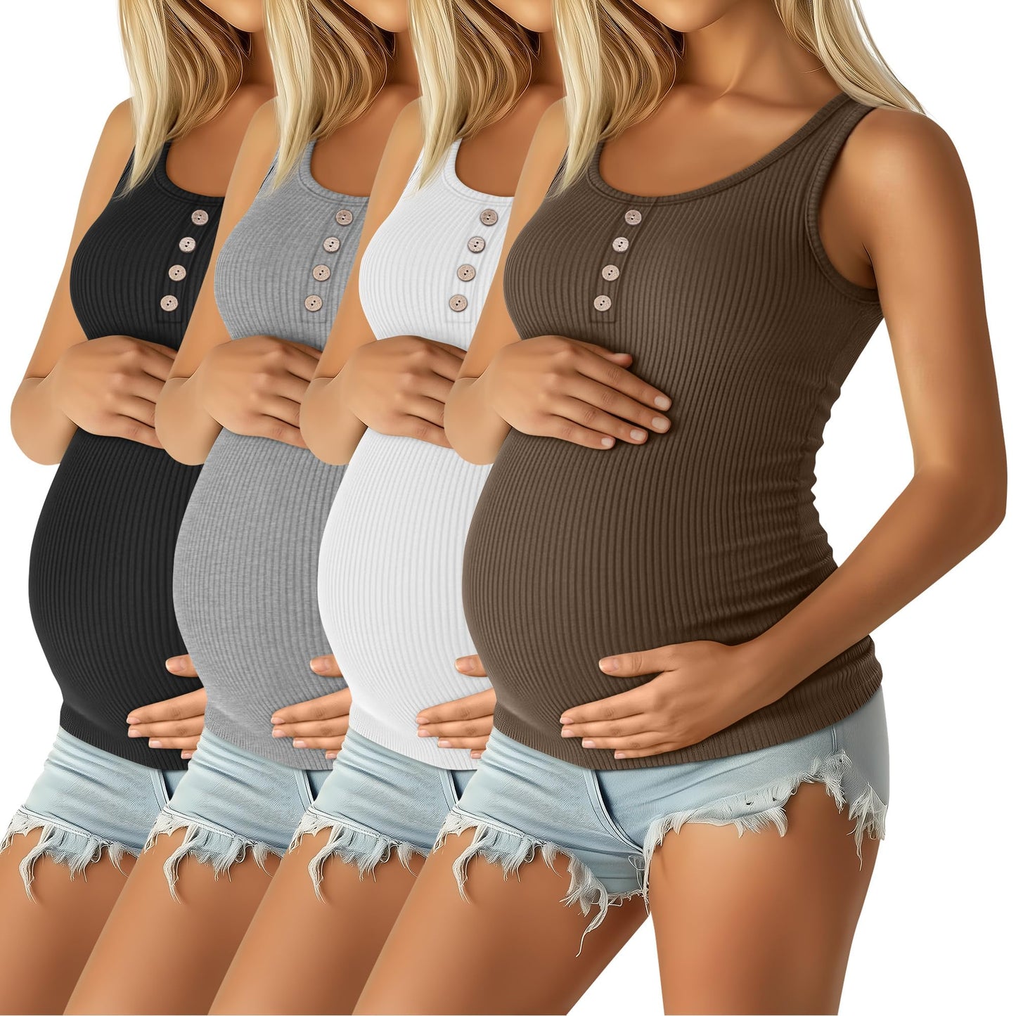 4 Pack Women's Maternity Tank Tops Henley Cotton Scoop Neck Shirt Ribbed Side Ruched Sleeveless Pregnancy Clothes