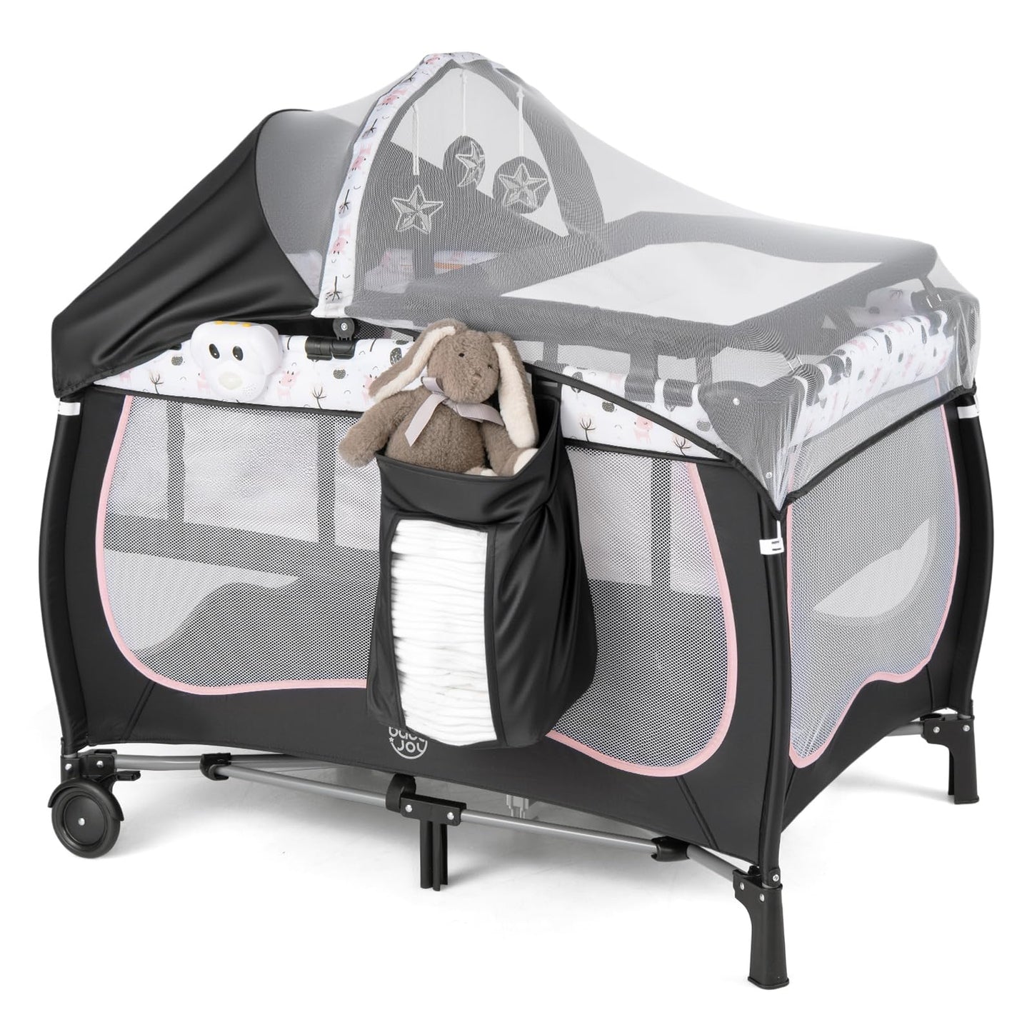 BABY JOY 4 in 1 Pack and Play with Canopy, Portable Baby Playard with Bassinet, Double-Layer Baby Crib, Wheels & Brake, Foldable Baby Girl Pink Princess Bassinet from Newborn to Toddler