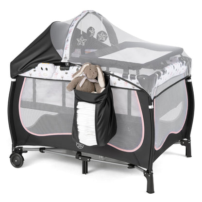 BABY JOY 4 in 1 Pack and Play with Canopy, Portable Baby Playard with Bassinet, Double-Layer Baby Crib, Wheels & Brake, Foldable Baby Girl Pink Princess Bassinet from Newborn to Toddler