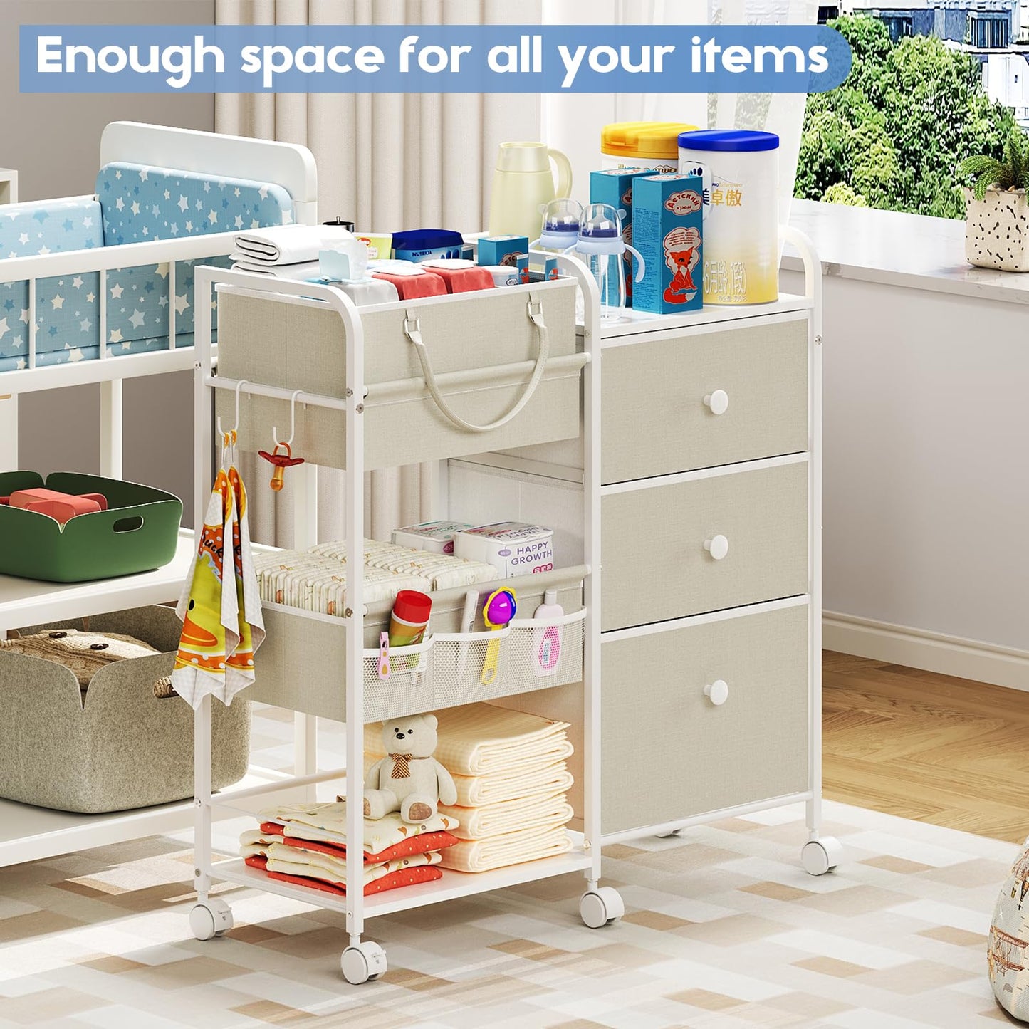 Cidaziya 2In1 Baby Diaper Caddy Organizers and Storage, 3 Tier Rolling Cart with Dividers and Drawers, Mobile Utility Cart Baby Dresser Clothes Organizer for Changing Table, Crib Nursery, Bedroom