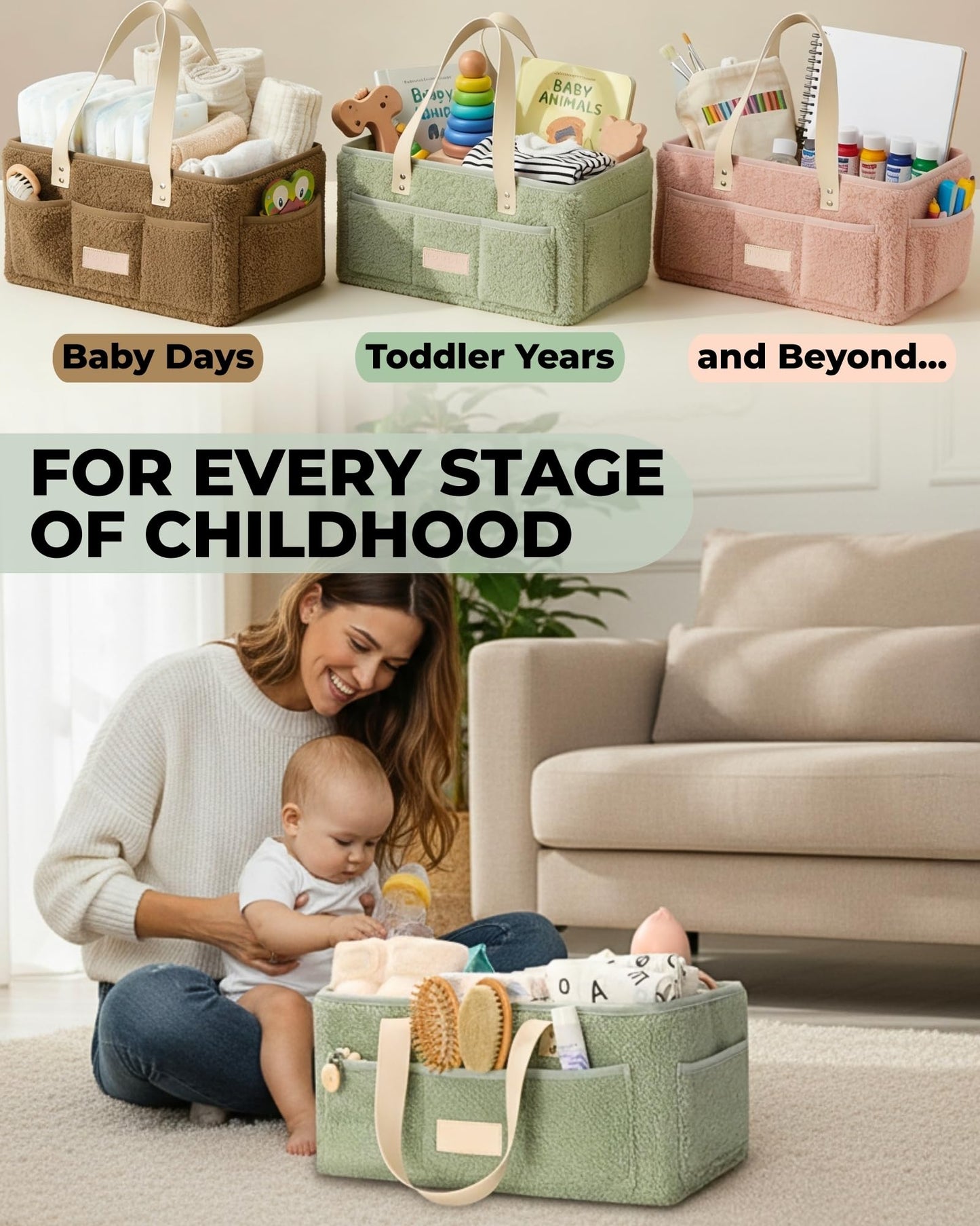 Baby Diaper Caddy Organizer with Portable Changing Mat - Teddy Fleece Diaper Organizer for Changing Table - Basket for Changing Essentials - Baby Essentials Organizer with Removable Dividers