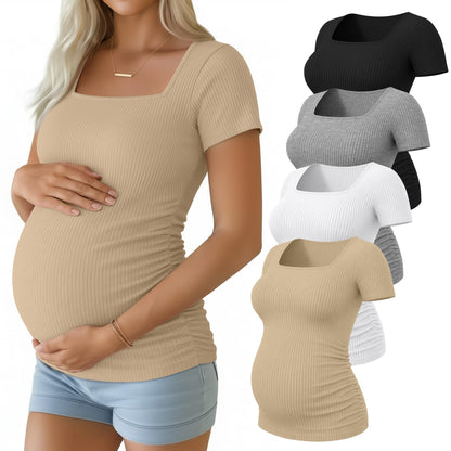 Huukeay 4 Pack Women's Maternity Shirts Cotton Ribbed Short Sleeve Square Neck Pregnancy Tops Side Ruched Summer Tee